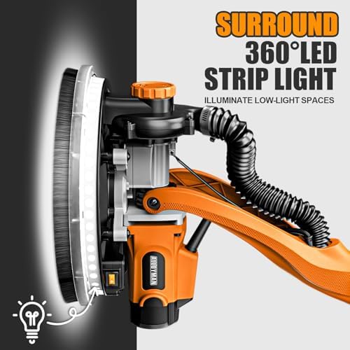 Drywall Sander, 1050W Electric Drywall Sander with Vacuum Dust Collection, 2100RPM Wall Sander with 7 Variable Speed, Foldable & Extendable Handle, Double-Deck LED Light, Dust Bag and Hose