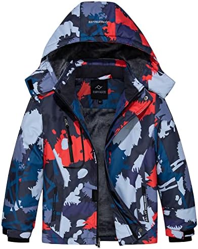 FARVALUE Boys Waterproof Ski Jacket Windproof Winter Coat Warm Snow Coat Outdoor Raincoats with Removable Hood
