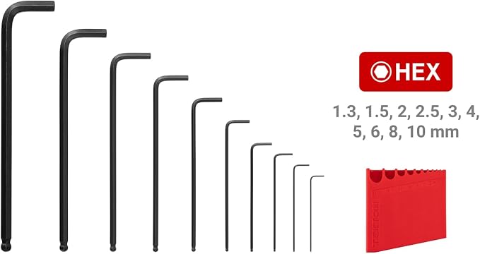 TEKTON Ball End Hex L-Key Set, 10-Piece | KLX91202 | (1.3 - 10 mm, Common Sizes), Manganese Phosphate Finish, Holder