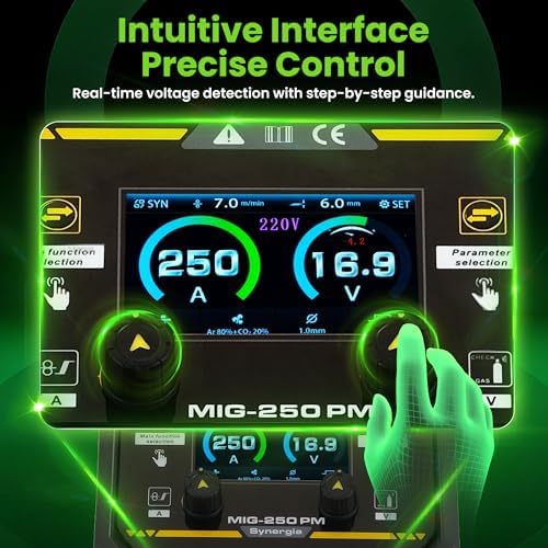 250A MIG Welder Gas, Mutil-process Aluminum MIG Welder with Clear LCD Display Gas MIG/Flux Core MIG/Lift TIG/ARC/Spot/Spool Gun 6 In 1 Wire Welder, 45° Beveled