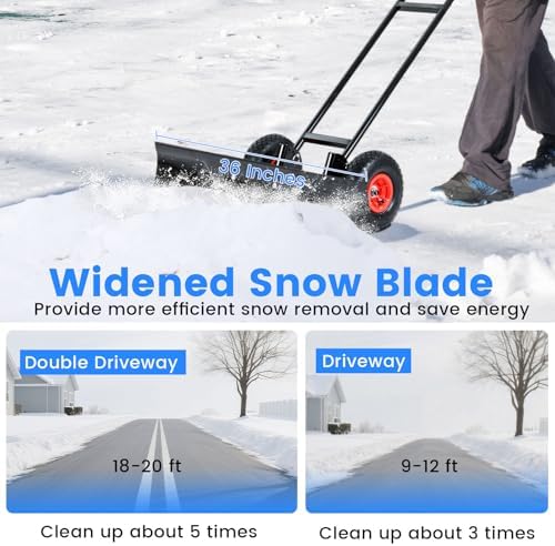 DORTALA Snow Shovel with Wheels, 36” Wide Heavy-Duty Metal Snow Pusher with 7-Position Angled Blade, Adjustable Height Anti-Slip Handle for Double Driveway, Sidewalk, Black