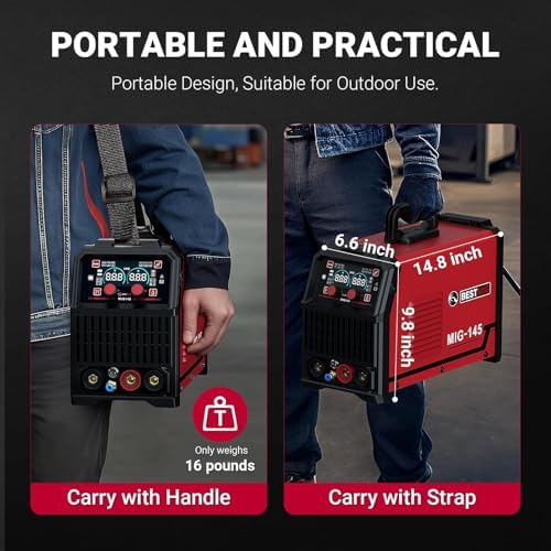 BESTMIG 145A 4-in-1 Multi-Process Welder, 110V/220V MIG/TIG/MMA/Stick Welding Machine, Gas & Gasless Flux Core Welder with Synergy IGBT Inverter, Includes Welding Helmet & Gloves