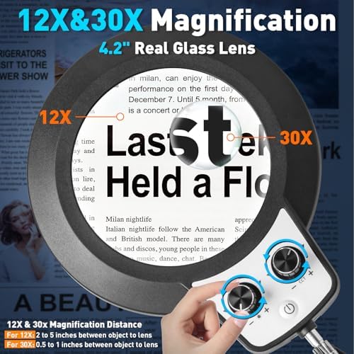 KIRKAS 12X 30X Magnifying Glass with Light and Stand, Overhead Knob 2 in 1