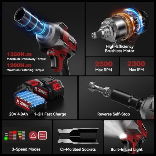 ARCCAPTAIN Cordless Impact Wrench 996Ft-lbs(1350N.m), 1/2 Inch Impact Gun