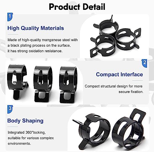 30pcs 0.43" ID Constant Tension Band Hose Clamps, 11mm Spring Band Type Action Hose Clamp Manganese Steel Fuel Line Clamp Low Pressure Air Clip Clamp for Fuel Hose Line Water Pipe Air Tube black