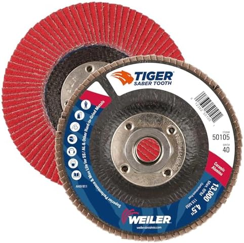 Weiler 50105 Saber Tooth 5/8"-11 Arbor, 4-1/2" Diameter, 40 Grit, Ceramic, Phenolic Backing, Angled Abrasive Flap Disc (Pack of 10)