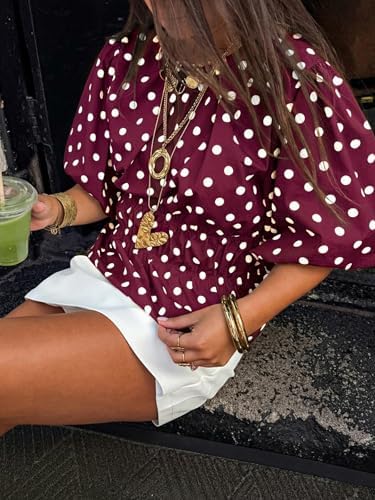 Cicy Bell Women Polka Dot Peplum Blouse Round Neck Puff Sleeve Summer Top