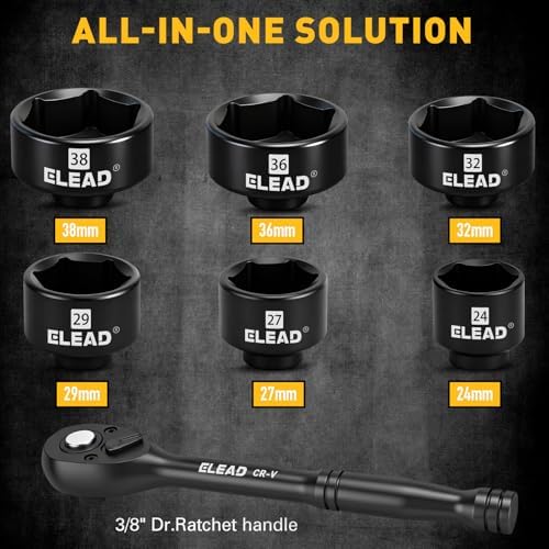 ELEAD 7-Piece 24-38mm Oil Filter Socket Wrench Set, 3/8'' Drive Oil Filter Cap Removal Tool, Oil-change Kit with 3/8'' Drive Ratchet Wrench Handle, Compatible with Toyota BMW Audi VW Porsche Vehicles