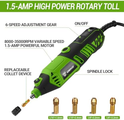 DEKOPRO Rotary Tool Kit, 1.5-Amp Corded Power Rotary Tools with 42" Flex Shaft, 6 Variable Speed, 8,000-35,000 RPM, 129 Pcs Accessories Kit for Cutting, Sanding, Grinding, Carving & DIY Projects Green