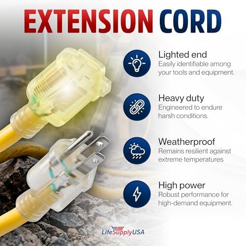 200ft Outdoor/Indoor Extension Cord 16/3 Gauge Heavy Duty 3 Prong SJTW, Waterproof, Flexible Cold-Resistant Long Power Cord,6A 125V 750W, Yellow by LifeSupplyUSA