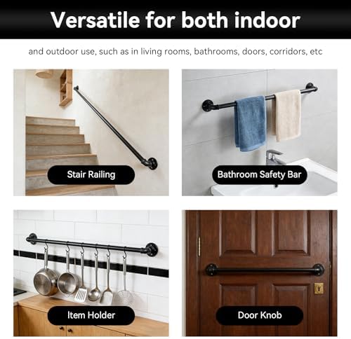 13FT Metal Staircase Hand Rail, Wall-Mounted Industrial Pipe Stair Handrail | Black Galvanized Iron Handrails for Garage, Porch, Toilet, Yard and Garden, Vintage Railing for Outdoor Indoor Stairs