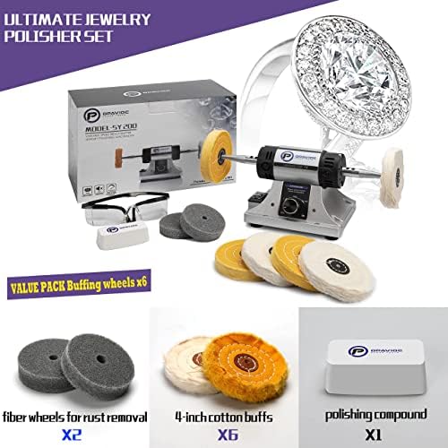 Jewelry Polisher - Adjustable Variable Speed Bench Grinder Polishing & Buffing Machine, Dental Buffer & Lathe - Includes 6 Cloth Wheels, 2 Abrasive Fiber Wheels, Safety Glass, Polish Compound