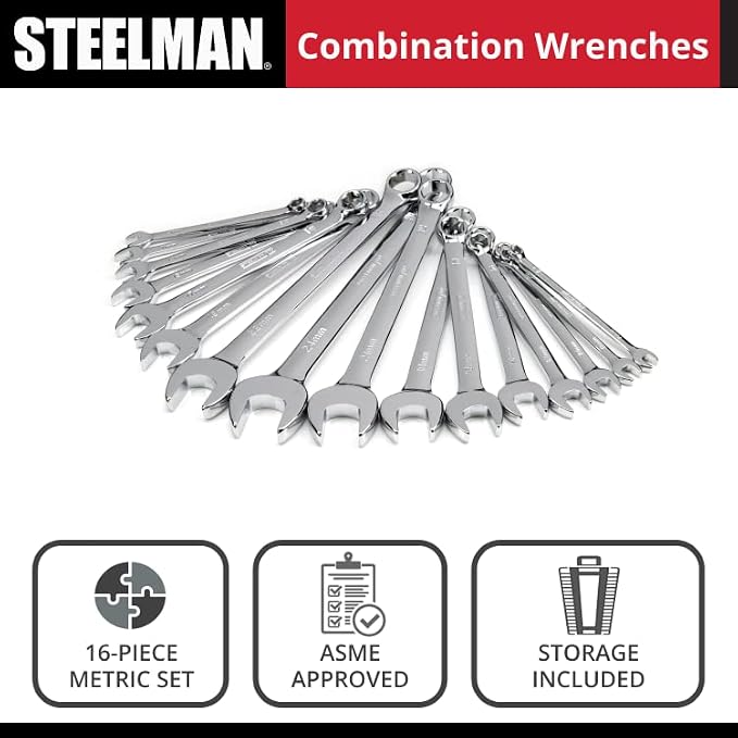Steelman Pro 16-Piece Metric 6-Point Combination Wrench Tool Set, Durable Steel with Full Polish Chrome, Stamped Size Callouts