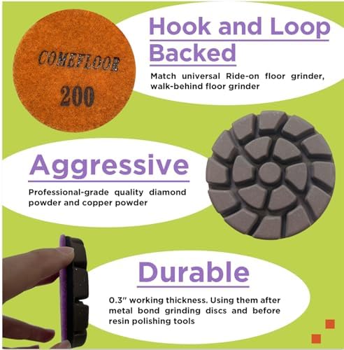 Concrete Floor Polishing Pucks Sharp Diamond Copper Bond Grinding Disc, Fit Ride-on Floor Grinder, Walk-Behind Grinder, 3 Inch Hook and Loop Long Using Life Polishing Pads, 200#, 9 PCS