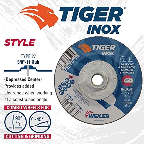 Weiler 58114 4-1/2" x 1/8" Tiger INOX Type 27 Cut and Grind Combo Wheel, INOX30T, 5/8"-11" UNC Nut (Pack of 10)