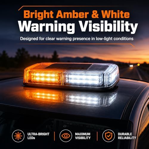 Xprite White Amber COB LED Rooftop Strobe Beacon Light, 12V Magnetic Base Caution Lightbar with 19 Flash Patterns for Construction Towing Snow Plow Pickup Work Trucks Cars