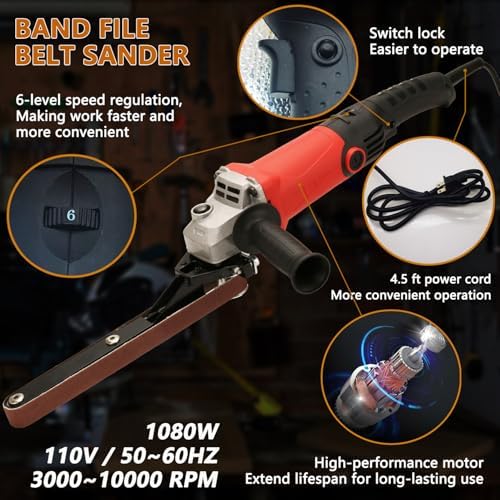 Belt Sander - 1080W 6-Speed Variable Speed Band File Belt Sander - Aluminum alloy sand belt bracket with 30pcs 3/4 x 20.5" Aluminum Oxide Sanding Belts.