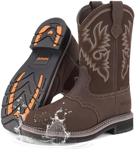 HISEA NINGO Steel Toe Work Boots for Men Square Toe Cowboy Boots Soft Toe