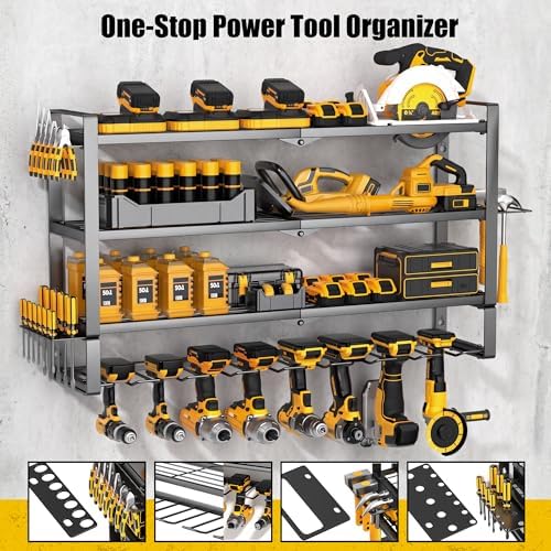 MOOMSINE Large Power Tool Organizer Wall Mount for Garage, 4-Tier Heavy Duty Metal Storage Rack Loads 400lbs, Battery Tools Hanger with 8 Cordless Drill Holders for Workshop, Pegboard, Shed