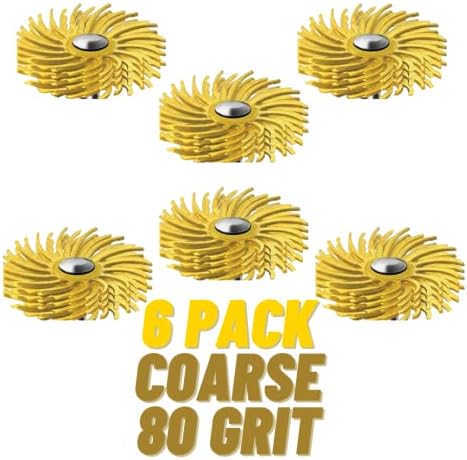 Dedeco Sunburst Radial Bristle Discs 6-Pack - 7/8" Curved 4-Ply Mounted Discs - Yellow 80 Grit (Coarse) - Aluminum Oxide for Polishing & Finishing