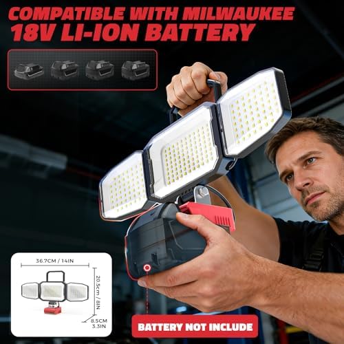 2PCS LED Work Light Compatible with Milwaukee 18V Battery, 150W 15000LM Flood Light, 6500K Daylight 3-Head Adjustable, USB Type-C&2 Brightness Modes Portable Flashlight Job Site Light (Tool Only)