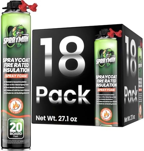 Sprayman Spraycoat Fire Rated Spray Foam Insulation 240 Sq Ft (18x27.1oz) High R-Value (11.32 / 2in) Heat & Noise Reduction, Closed Cell Polyurethane Foam Sealant - Gun & Cleaner NOT Included, 18 Pack