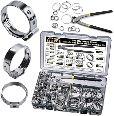 ASKWAY Single Ear Hose Clamp 6-50Mm 210 Pcs 14 Sizes, 304 Stainless Steel Stepless Hose Clamp, Suitable For Pex Pipe Connection, Automotive, Pipeline, Garden And Industrial Use