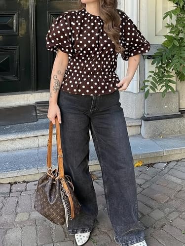 Cicy Bell Women Polka Dot Peplum Blouse Round Neck Puff Sleeve Summer Top