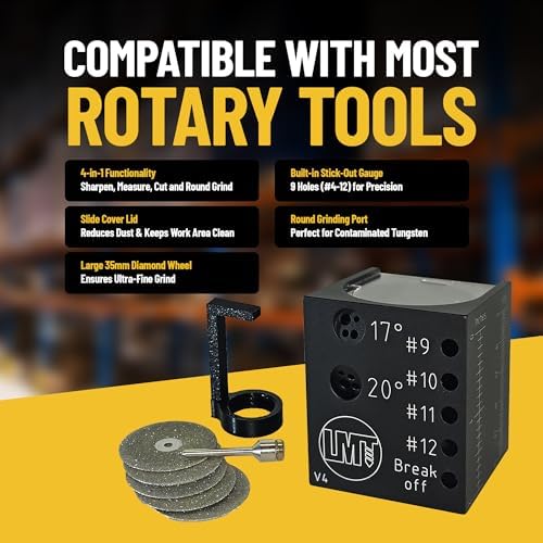 LMT Tungsten Grinder V4 Rotary Tool for TIG Welding - 4in1 that includes highly Precise Sharpener, Stick-Out Gauge, Cut-Off Slot, Round Grinding++. Sharpens 4Sizes & 4Angles. Designed in Norway!