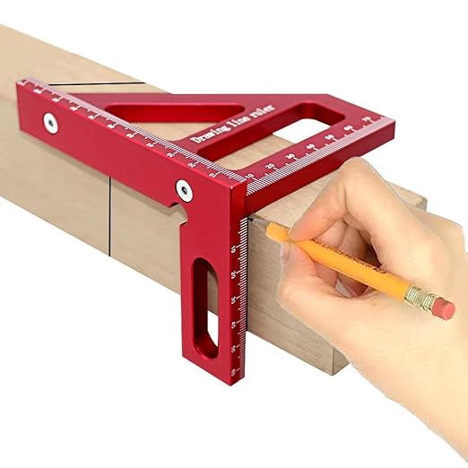 3D Multi-Angle Measuring Tool,45/90 Degree Aluminum Alloy Woodworking Square Protractor, Drawing Line Ruler, Miter Triangle Ruler Layout Measuring Tool for Woodworking (Metric-Red)