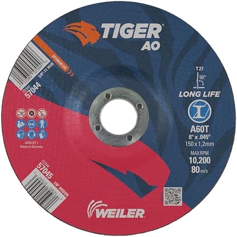 Weiler 57045 6 Inch Cutting Wheel, Tiger AO Steel/Metal Long Life Performance Cutting, .045" A60T Type 27 7/8" Arbor, Pack of 25