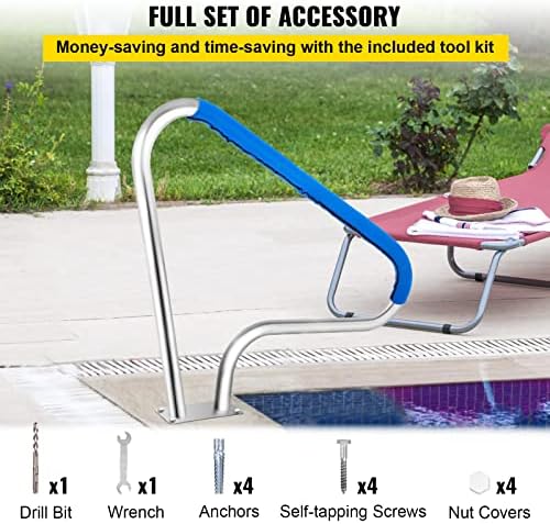 VEVOR Pool Rail 48x36 Pool Railing Brushed Stainless Steel 250LBS Load Capacity Silver Rustproof Pool Handrail Humanized Swimming Pool Handrail with Blue Grip Cover & M8 Drill Bit & Self-Taping Screws