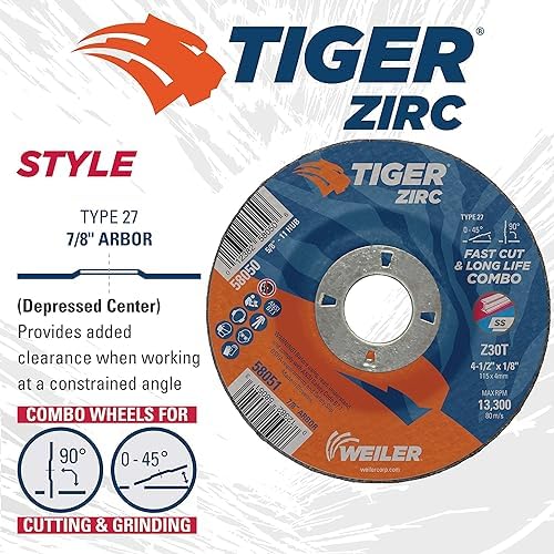 Weiler 58051 4-1/2" x 1/8" Tiger Zirc Type 27 Cut and Grind Combo Wheel, Z30T, 7/8" A.H. (Pack of 25)