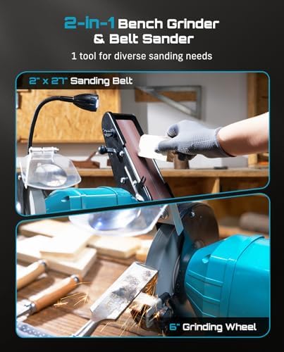 SEESII bench Grinder and Belt Sander Combo: 2"x27" Belt + 6" Disc, 2.5A Motor, 2-In-1 Benchtop Sander for Woodworking, Metal Grinding, with Quick-Release System and Sturdy Base