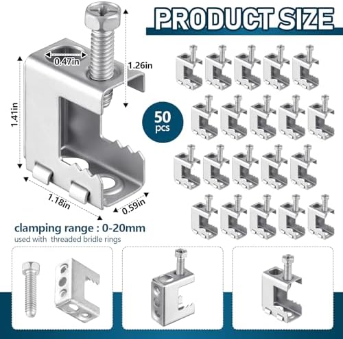 Tandefio 50 Pcs 1/4"-20 Spring Steel Beam Clamps Metal Beam Hanger, Silver