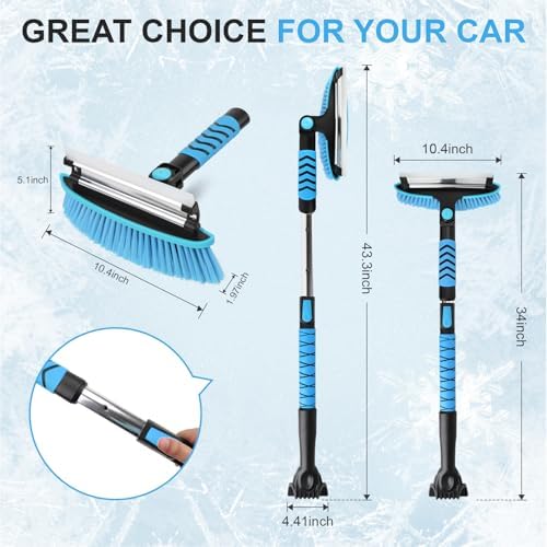 Windshield Ice Scraper Car Brush for Snow 43 inch, 3 in 1 Detachable Snow Scraper with Squeegee, 180° Pivoting Brush Head, Foam Grip, Extendable Snow Removal for Auto Truck SUV Van