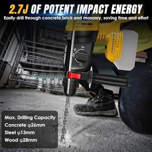 Cordless Rotary Hammer Compatible With Dewalt 20V MAX Battery,Brushless SDS 2.7Joules Rotary Hammer Drill for Concrete/Masonry/Wood,4 Modes with 6 Drill (Battery Not Included)