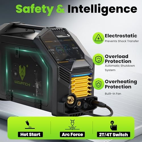 250A MIG Welder Gas, Mutil-process Aluminum MIG Welder with Clear LCD Display Gas MIG/Flux Core MIG/Lift TIG/ARC/Spot/Spool Gun 6 In 1 Wire Welder, 45° Beveled