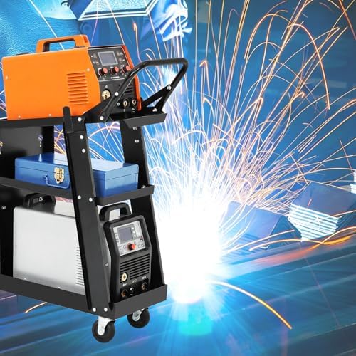 Heavy Duty Welding Cart, Rolling Welder Cart on Wheels for MIG TIG Welder & Plasma Cutter, Carbon Steel Weld Cart 220LB Capacity with Handle & Gas Tank Holder