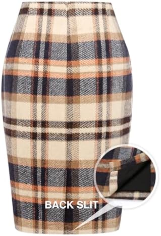 IDEALSANXUN Plaid Skirts for Women Fall Winter Knee Length Pencil Wool Skirt with Slit