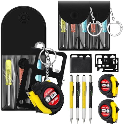 8 Pcs Mini Screwdriver Tape Keychain Set Multitool Pen Card Father's Gifts Bulk Mini Tool Set for Adult Men Dad (Yellow,Black)