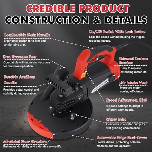 YUCHENGTECH 7 Inch Concrete Grinder with Dust Collector Floor Grinder with Vacuum 2200W 0-4800RPM with Auxiliary Handles & Storage Case for Concrete Cement Granite Marble