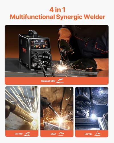 VEVOR MIG Welder, 200A Synergic Mig Welding Machine, 4-in-1 Gas MIG/Flux Core MIG/Stick/Lift TIG Multi-Process Welder Machine, 110V/220V Dual Voltage Mig Welder with IGBT Inverter & LCD Screen Display