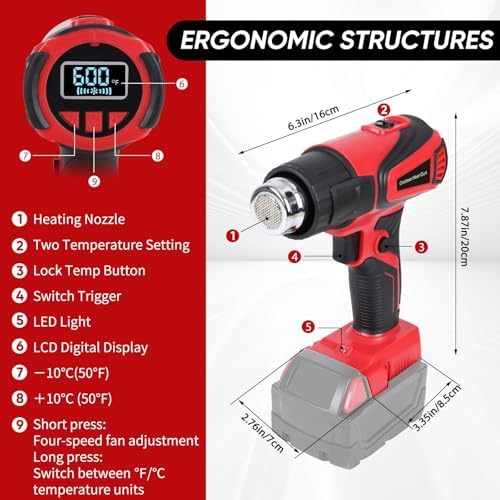 Cordless Heat Gun Compatible with Milwaukee M18 Battery, Fast Heating Variable Temp (122°F~1112°F) Hot Gun LCD Display and 4 Nozzle for Shrink Tubing, DIY(No Battery, Not Made by Milwaukee)