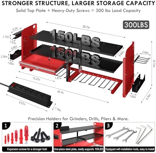KSVO Power Tool Organizer Wall Mount, Locking Drawers, Charging Shelf, Red