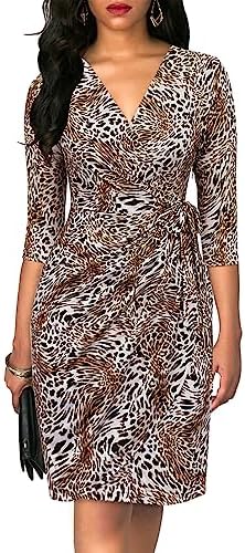 Berydress Women's 3/4 Sleeve V Neck Casual Party Work Faux Black Wrap Dress