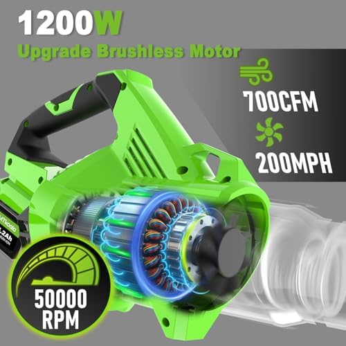 Leaf Blower Cordless, New Upgraded 1200W Brushless Motor Leaf Blower, 700CFM 200MPH with 3 Speed Modes, 160Mins Max Runtime, Handheld Electric Blower for Lawn Care, Yard, Dust & Snow