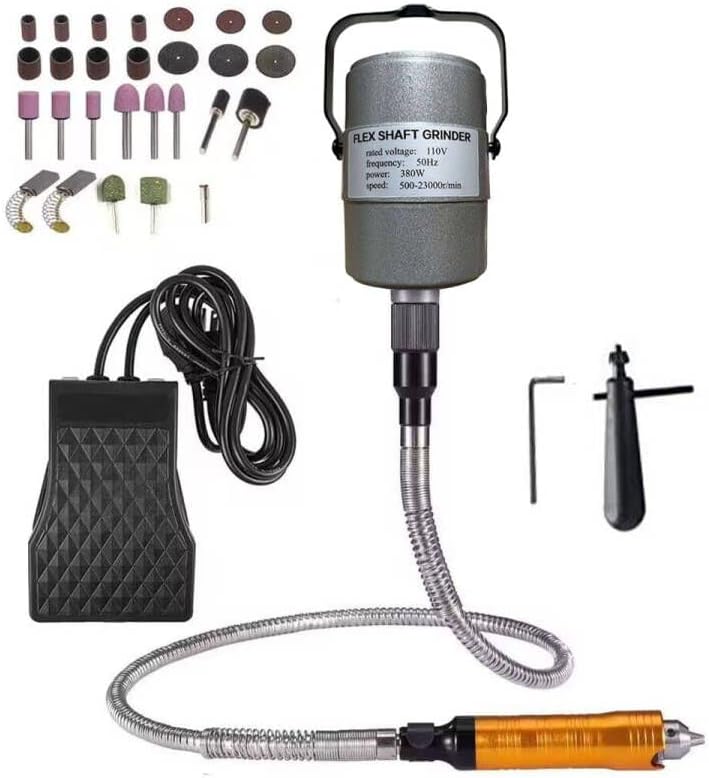 380W Flex Shaft Grinder Rotary Tool Electric Hanging Carver, Metalworking Jewelry Repair DIY Kit, Foot Pedal Control, Metal Flexible Shaft, with Spare Inner Shaft
