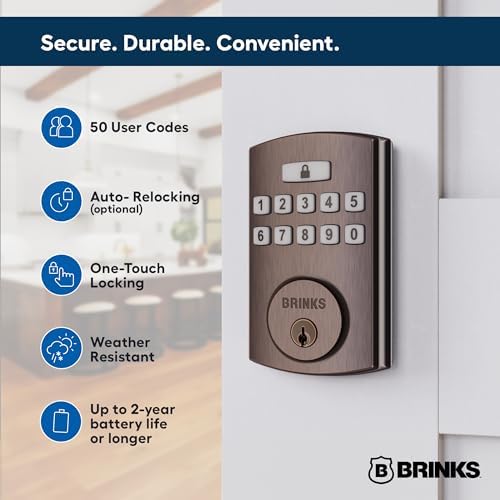 BRINKS Keyless Entry Door Deadbolt, High-Security Keypad Door Lock, 50 User Codes, Auto Locking Feature (Deadbolt & Passage Lever, Tuscan Bronze)