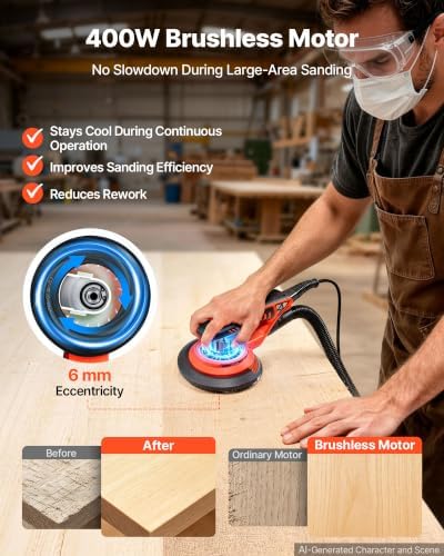 VEVOR 5 & 6-Inch Random Orbital Sander 400W Brushless Orbital Sander, 4000-10000RPM 7 Speeds Electric Palm Sanders with 20PCS Sandpapers, Dust Bag & Vacuum Hose for Woodworking Detailing Sanding